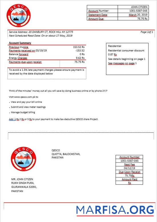 Printable Pakistan Quetta Electric Supply Company electricity bill in Word format example